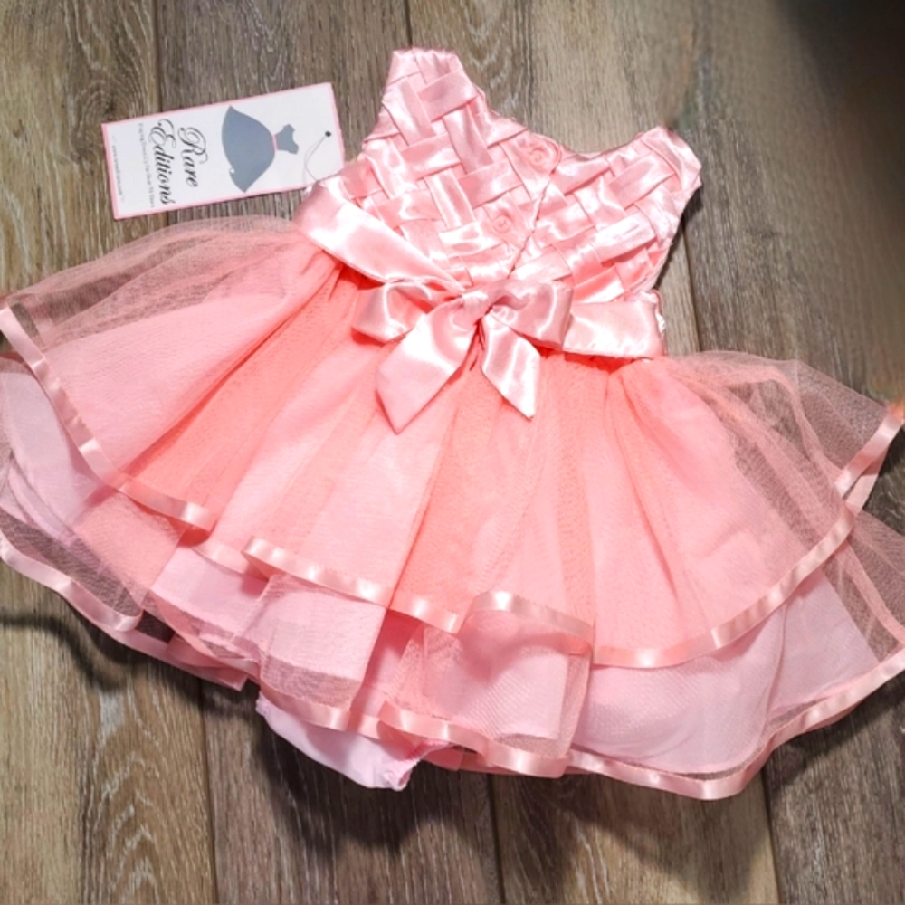 Rare Editions baby formal pink satin, tulle ruffle dress, bloomers Sz. 3-6mo.